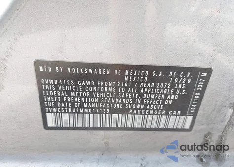 2021 Volkswagen Jetta 1.4T R-Line/1.4T S/1.4T Se z USA, uszkodzony, nr VIN 3VWC57BU5MM017139